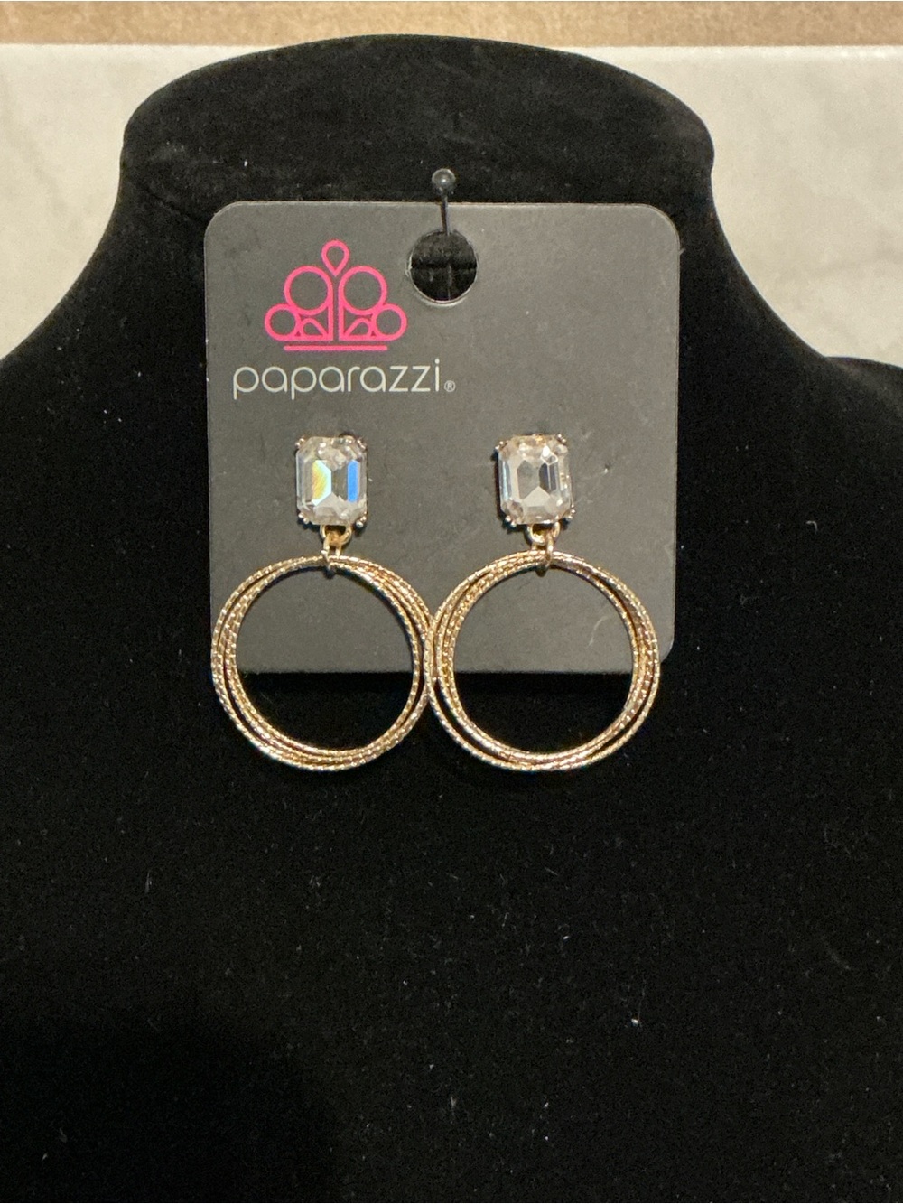 Paparazzi Gold Double Hoop Earrings with Clear Emerald-Cut Stone